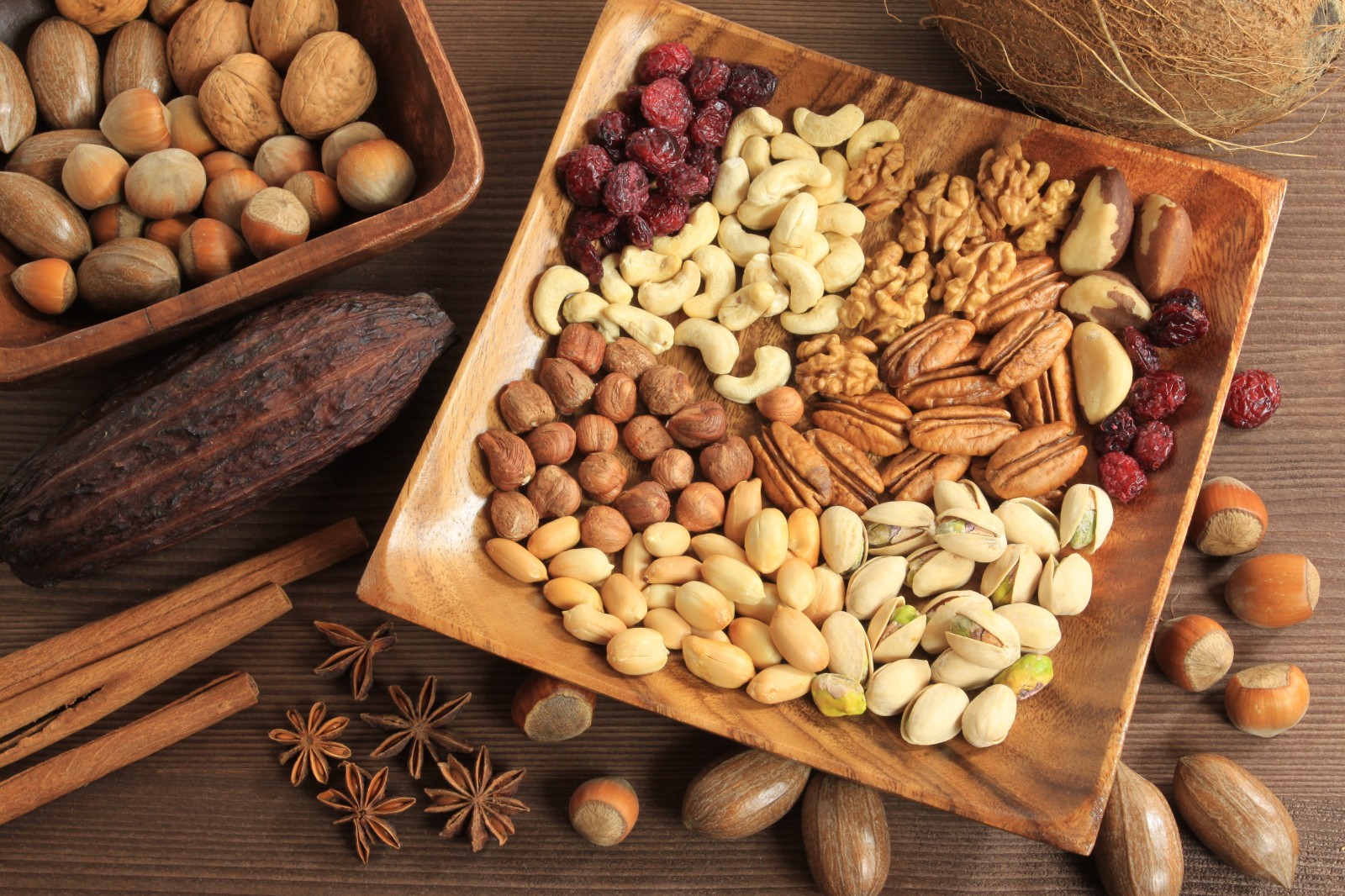 Assorted-nuts-in-wooden-bowl